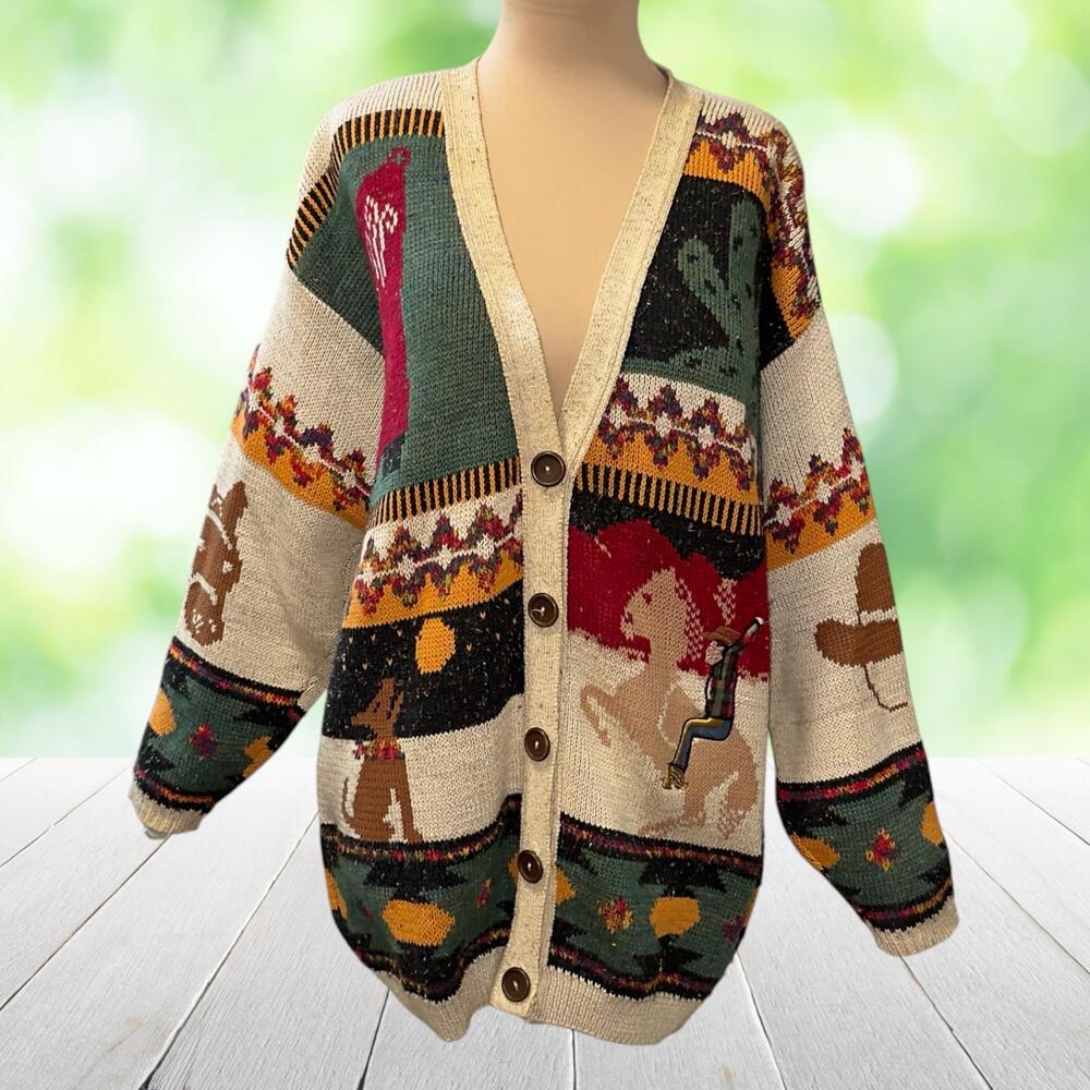 Vintage Western Rodeo Cardigan Novelty Sweater Cowboy Horse Cactus USA 90s Sz L